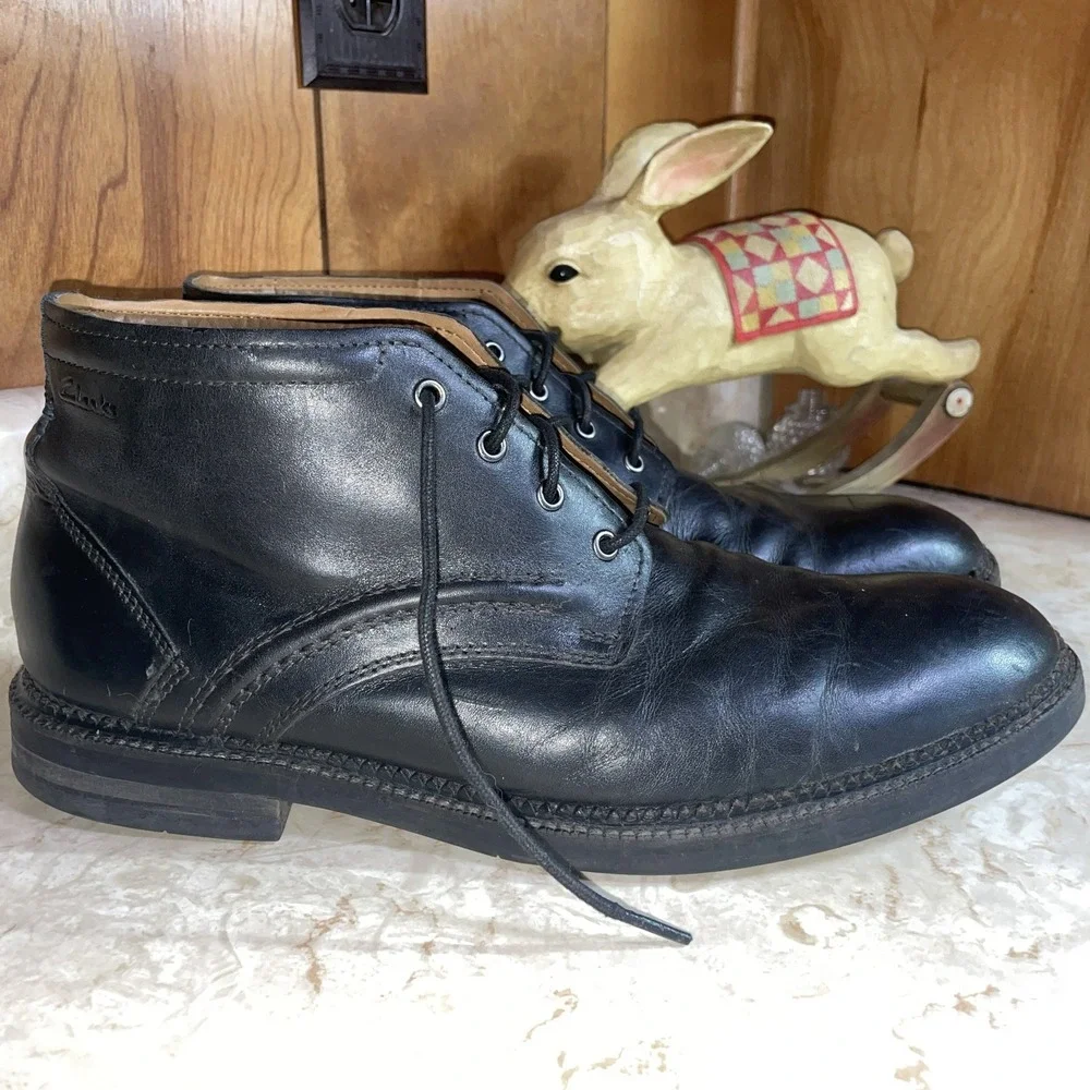 Clarks Chukka Leather Lace-up Ankle‎ Boots Black US 11 Mens Fabric Lined